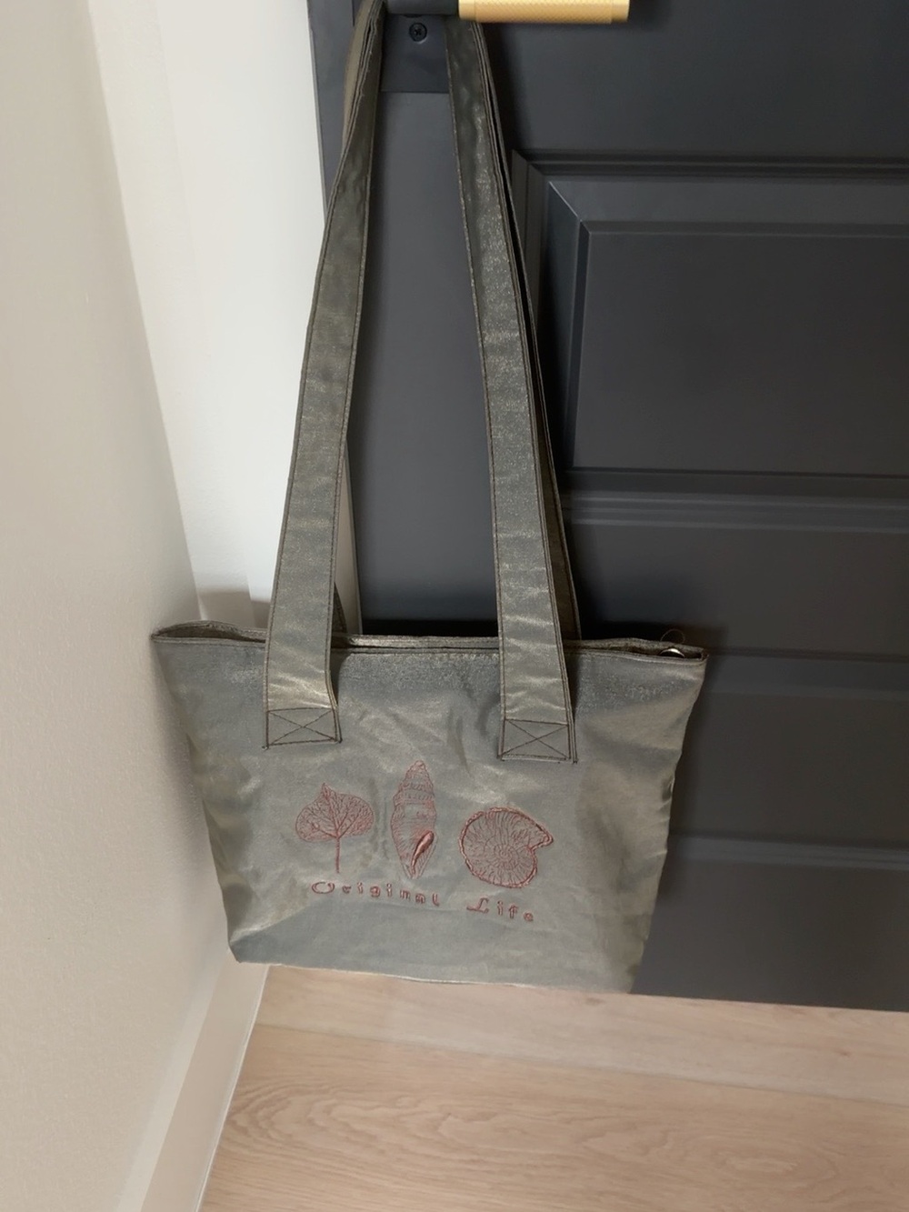 Olive Green Tote Bag with Embroidered Leaf Designs
